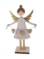 NG Figura - Wooden Angel With 3 Hearts, 19 cm